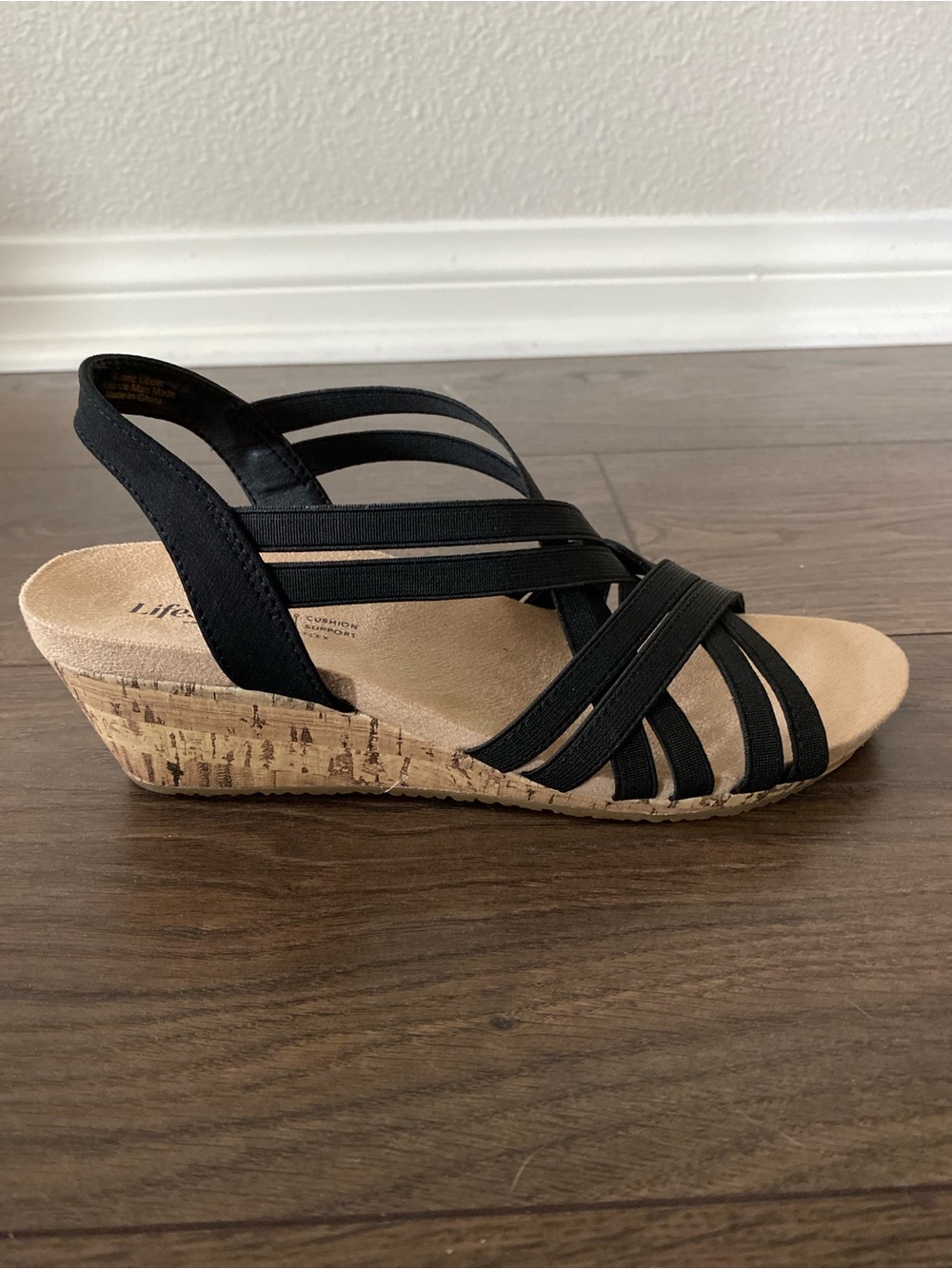 NWT Life Stride Black Elastic Strappy Cork-Style Wedge Sandals